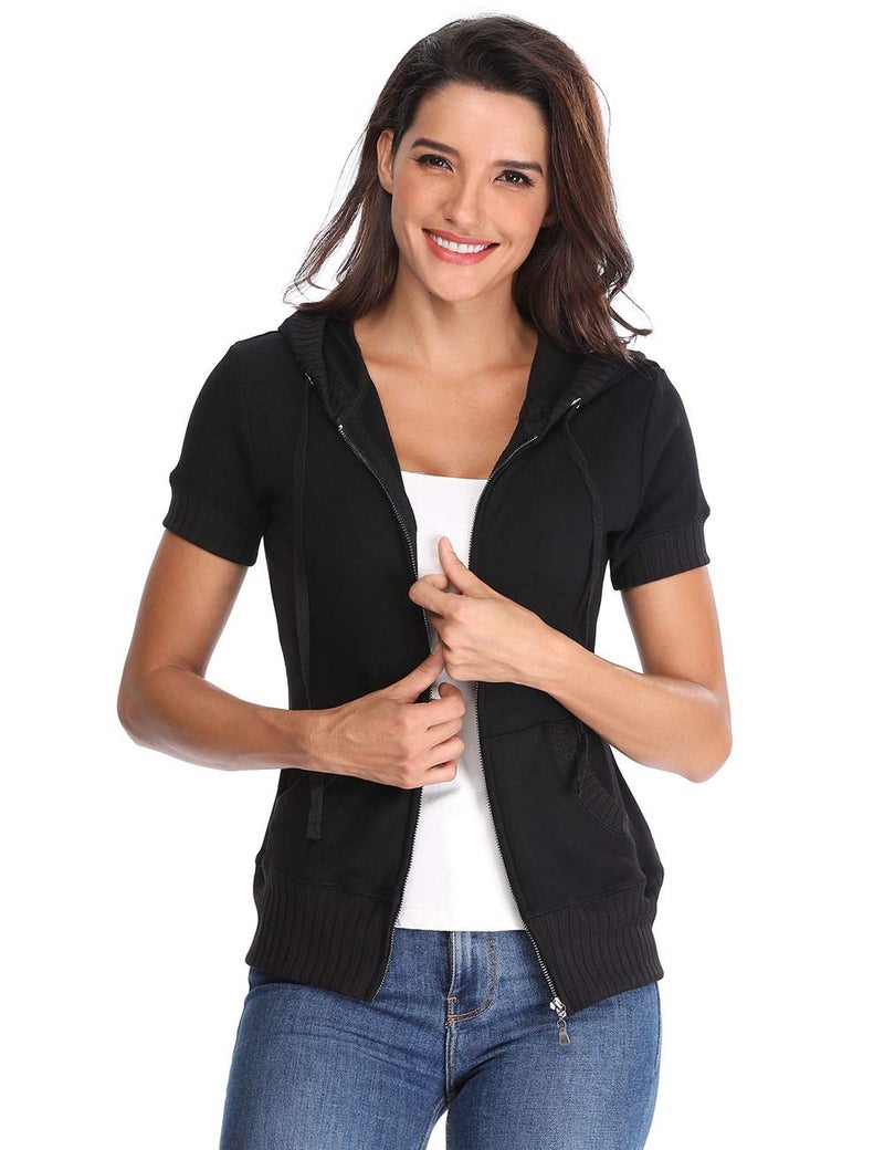 MISS MOLY Women's Short Sleeve Hoodie Full Zip Up Cotton Slim Fit Sweatshirt Kanga Pocket Black XL - Image 2